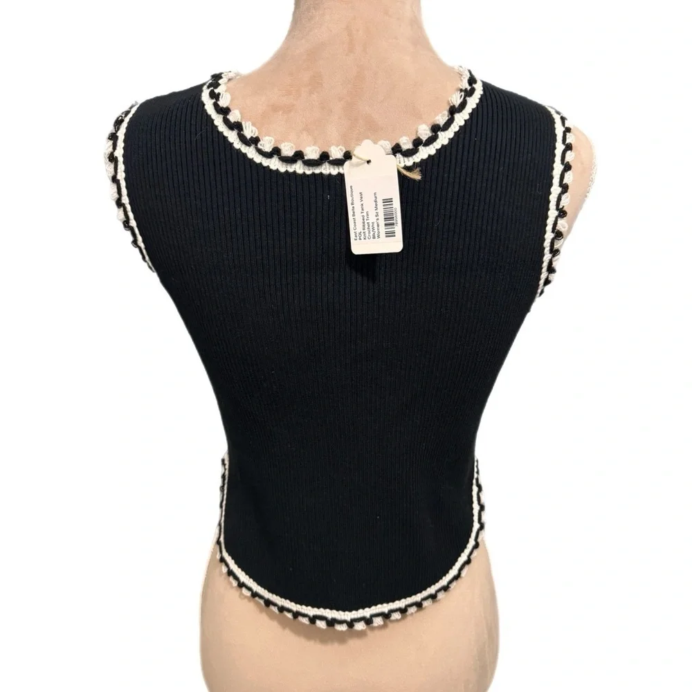 POL Bella Ribbed Knit Tank Vest Crochet Trim Black/White Size Medium Women’s Top